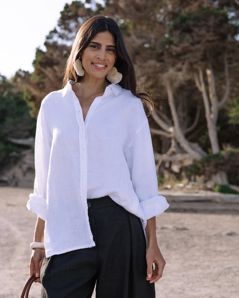 Black Linen Straight Leg Trousers With White Shirt — Trendy Black Linen Pants Outfit