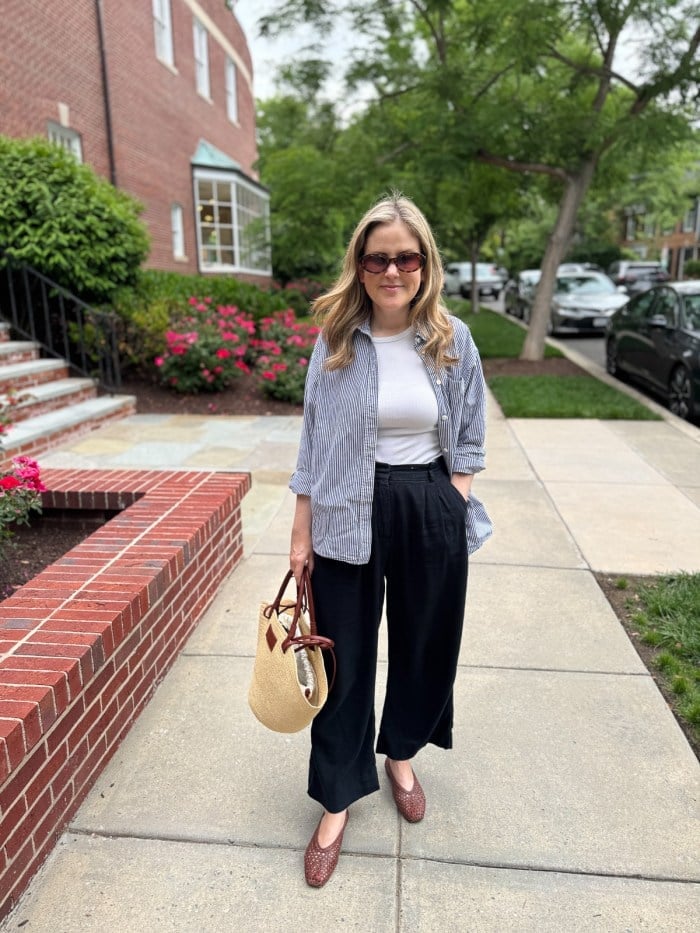 Black Linen Trousers With Striped Shirt — Trendy Black Linen Pants Outfit