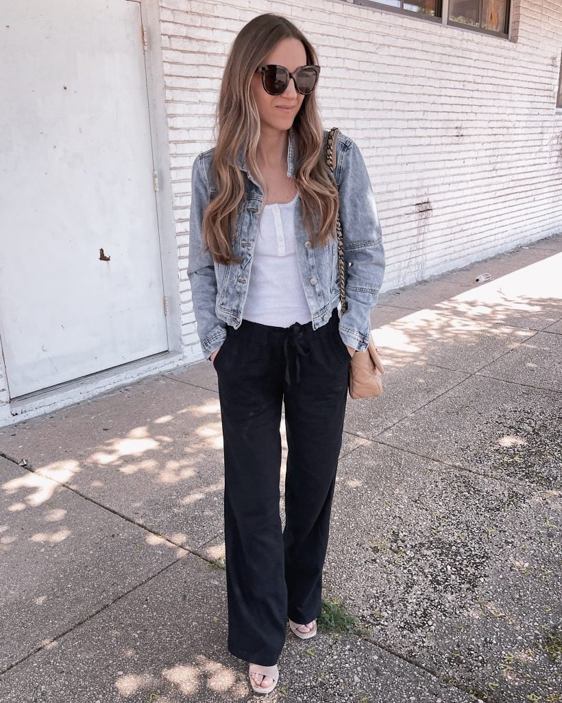 Black Linen Pants With White Tank And Denim Jacket — Trendy Black Linen Pants Outfit