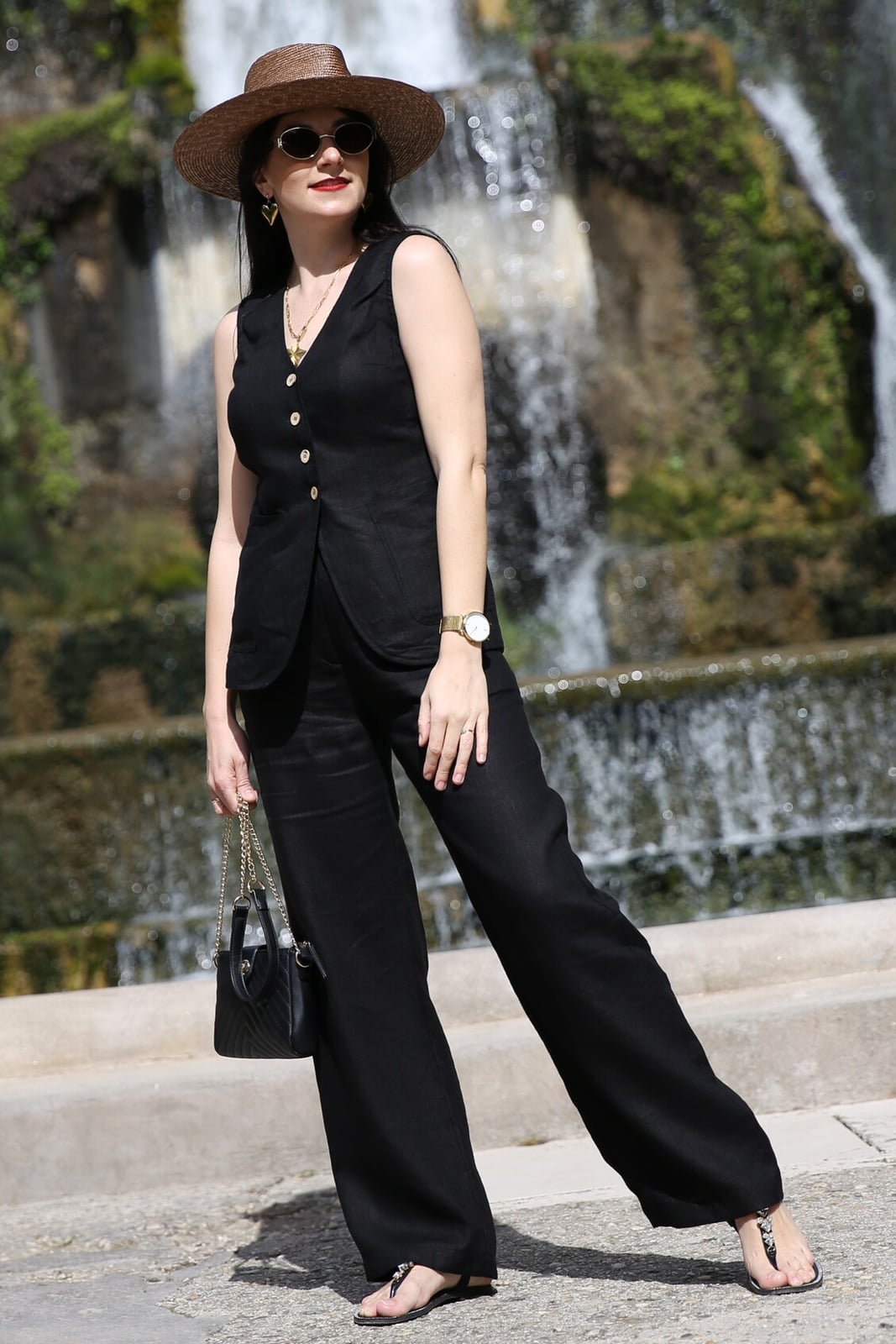 Black Linen Vest And Wide Leg Pants Outfit — Trendy Black Linen Pants Outfit