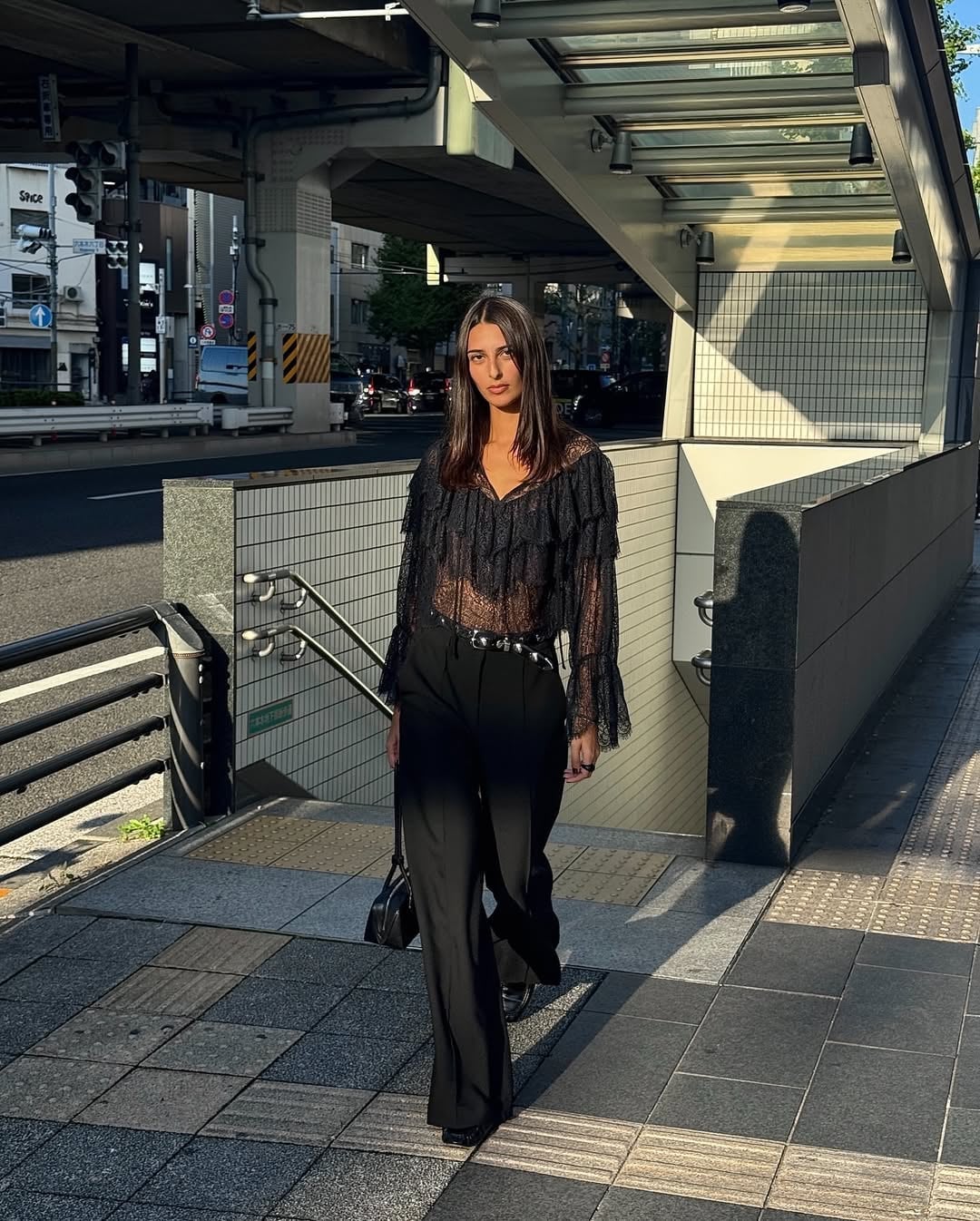 Black Linen Pants With Sheer Lace Top — Trendy Black Linen Pants Outfit