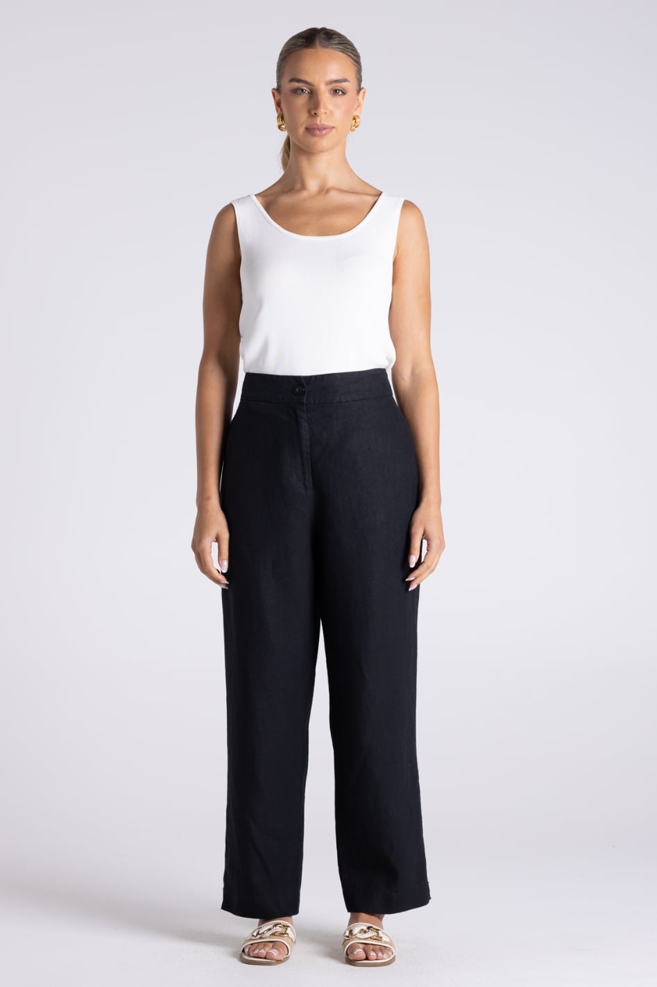 High-Waisted Black Linen Pants With Tank Top — Trendy Black Linen Pants Outfit