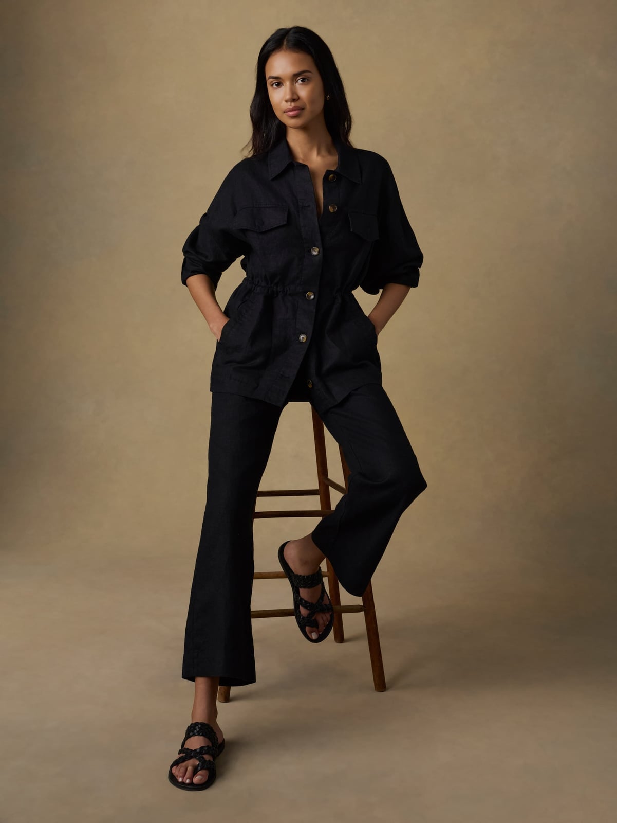 Black Linen Flared Trousers With Matching Shirt — Trendy Black Linen Pants Outfit