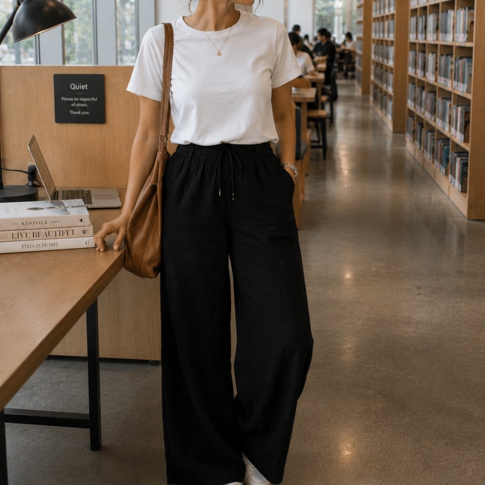 Casual Black Linen Pants With White T-shirt — Trendy Black Linen Pants Outfit