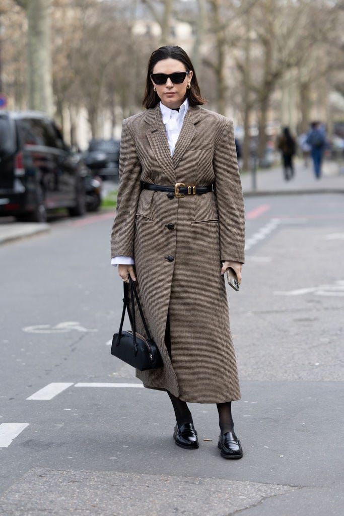 Black Patent Loafers With Patterned Coat — Trendy Black Loafers Outfit