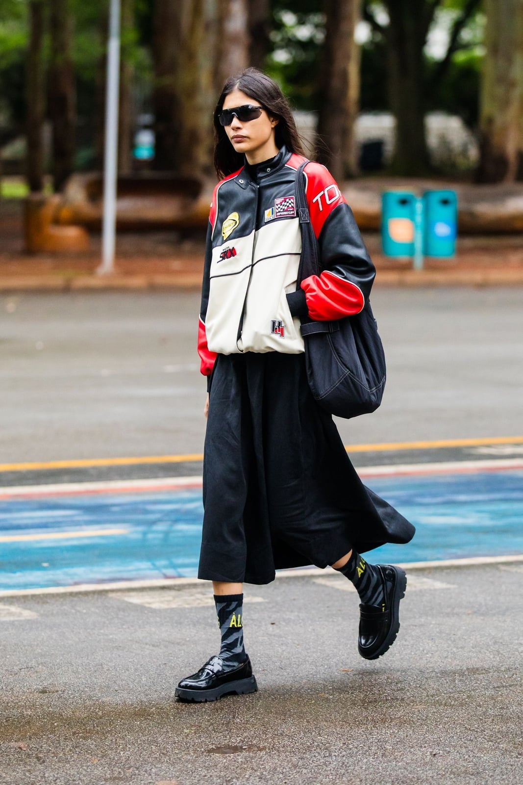 Black Chunky Loafers With Bomber Jacket — Trendy Black Loafers Outfit