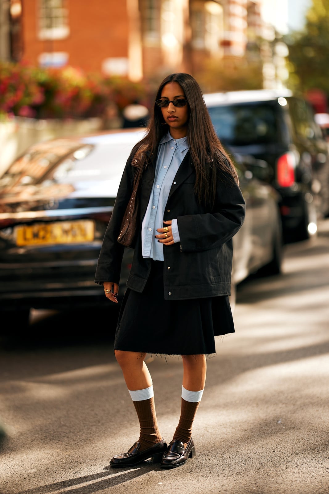 Chunky Black Loafers With Blazer And A-Line Skirt — Trendy Black Loafers Outfit