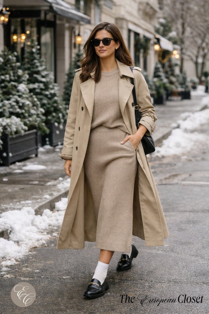 Black Loafers With Beige Knitwear And Trench Coat — Trendy Black Loafers Outfit