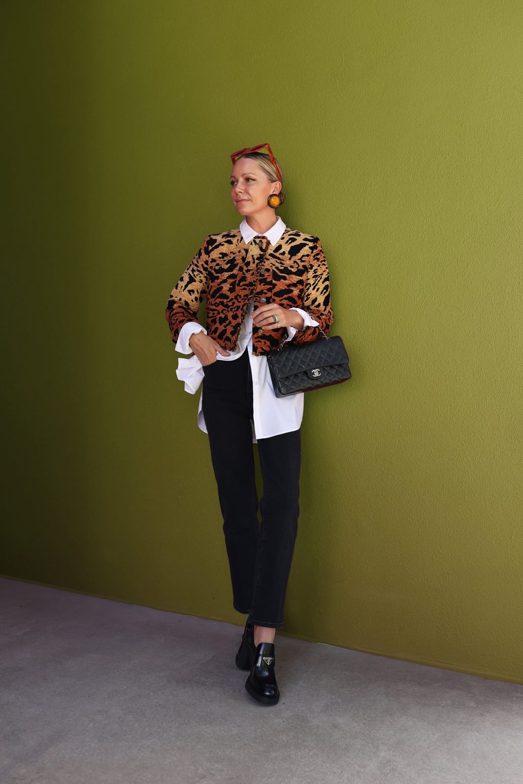 Black Loafers With Leopard Print Jacket — Trendy Black Loafers Outfit