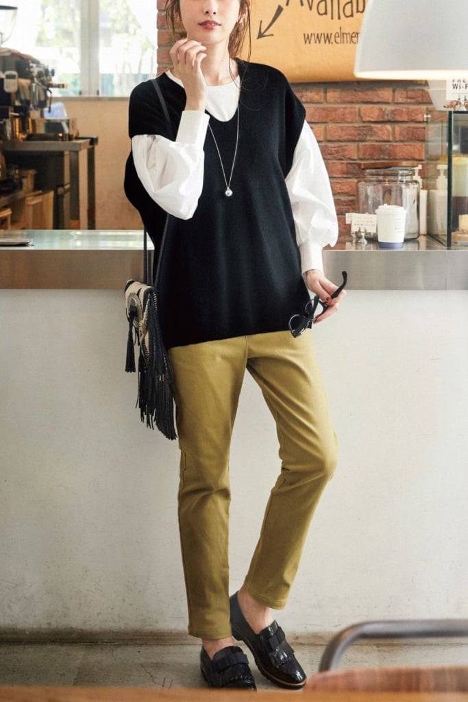 Dark Grey Loafers With Layered Vest And Trousers — Trendy Black Loafers Outfit