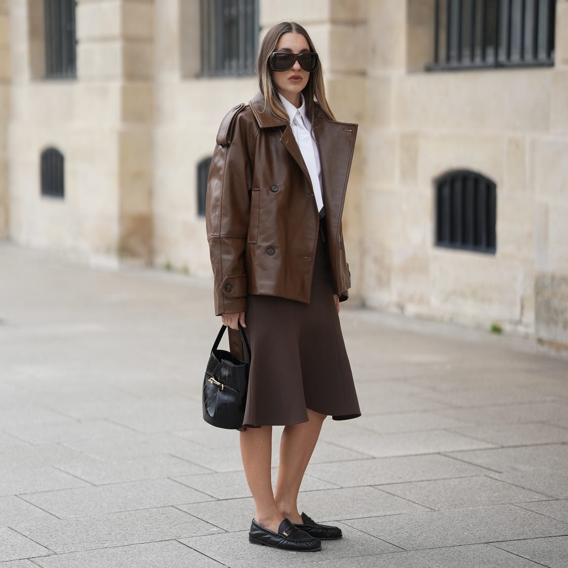 Black Leather Loafers With Leather Jacket And Midi Skirt — Trendy Black Loafers Outfit