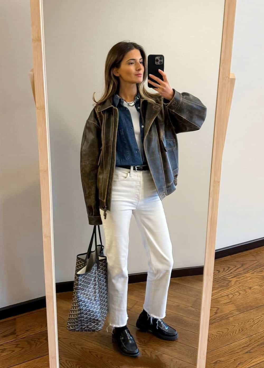 Black Loafers With Distressed Leather Jacket — Trendy Black Loafers Outfit
