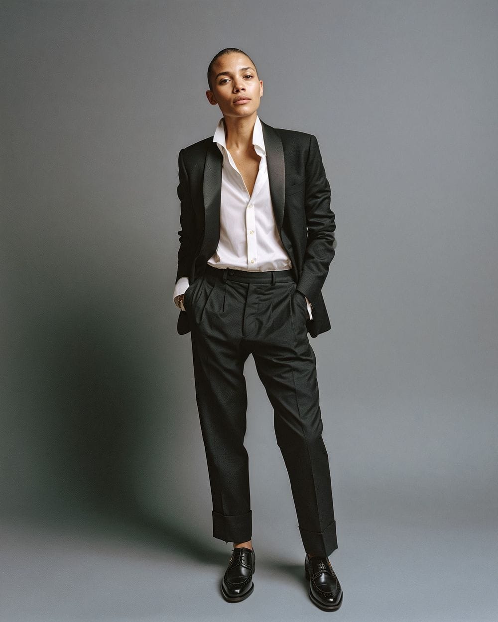 Black Leather Loafers With Tuxedo Jacket — Trendy Black Loafers Outfit
