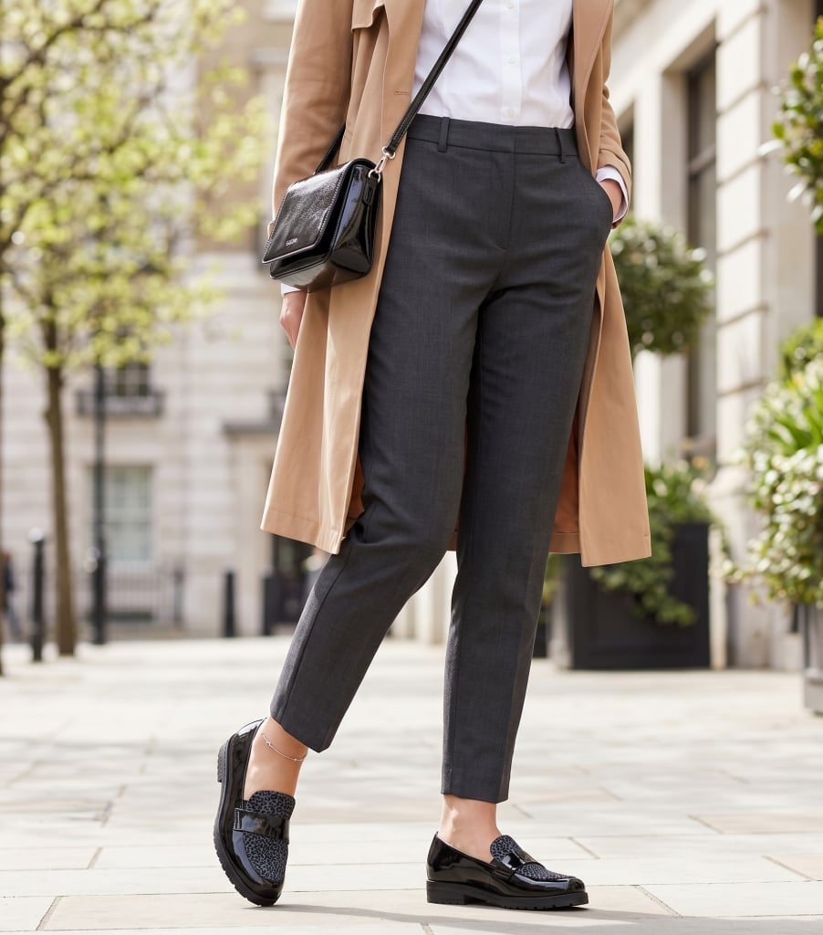 Mixed Loafers With Trench Coat And Trousers — Trendy Black Loafers Outfit