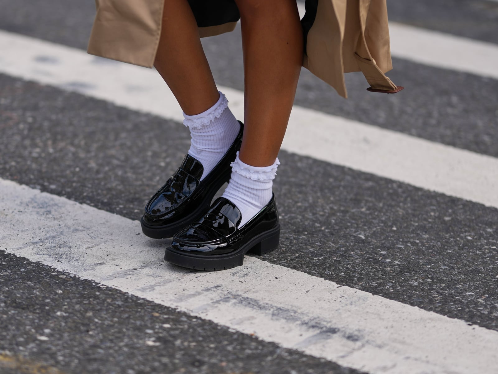 Black Patent Chunky Loafers With White Socks — Trendy Black Loafers Outfit