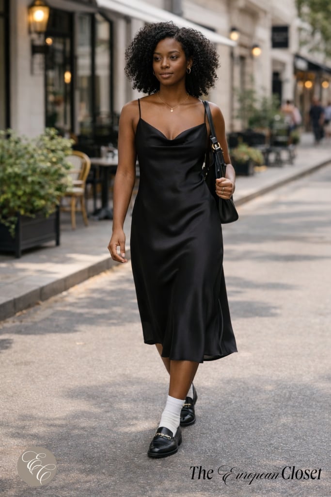 Black Loafers With Satin Slip Dress — Trendy Black Loafers Outfit