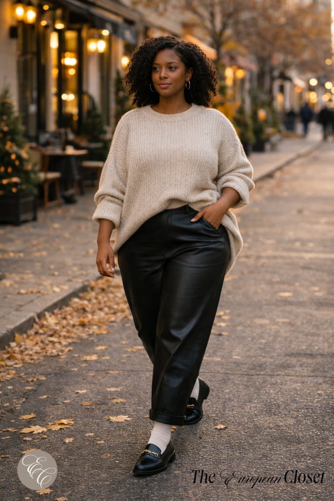 Black Loafers With Leather Trousers And Oversized Knit — Trendy Black Loafers Outfit