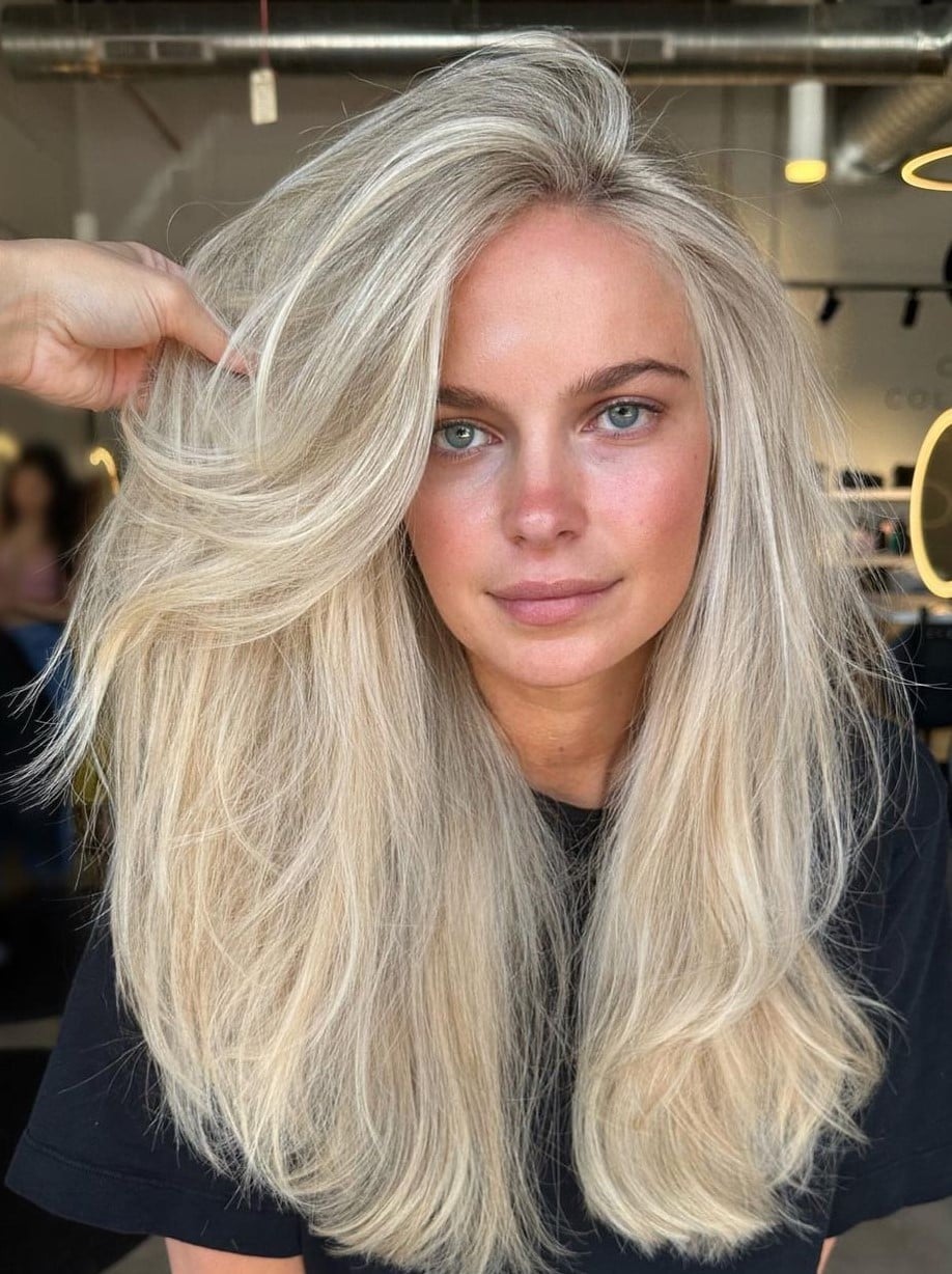 Glossy Ash Blonde Balayage Blowout Glossy Ash Blonde Balayage Blowout — Trendy Blonde Balayage