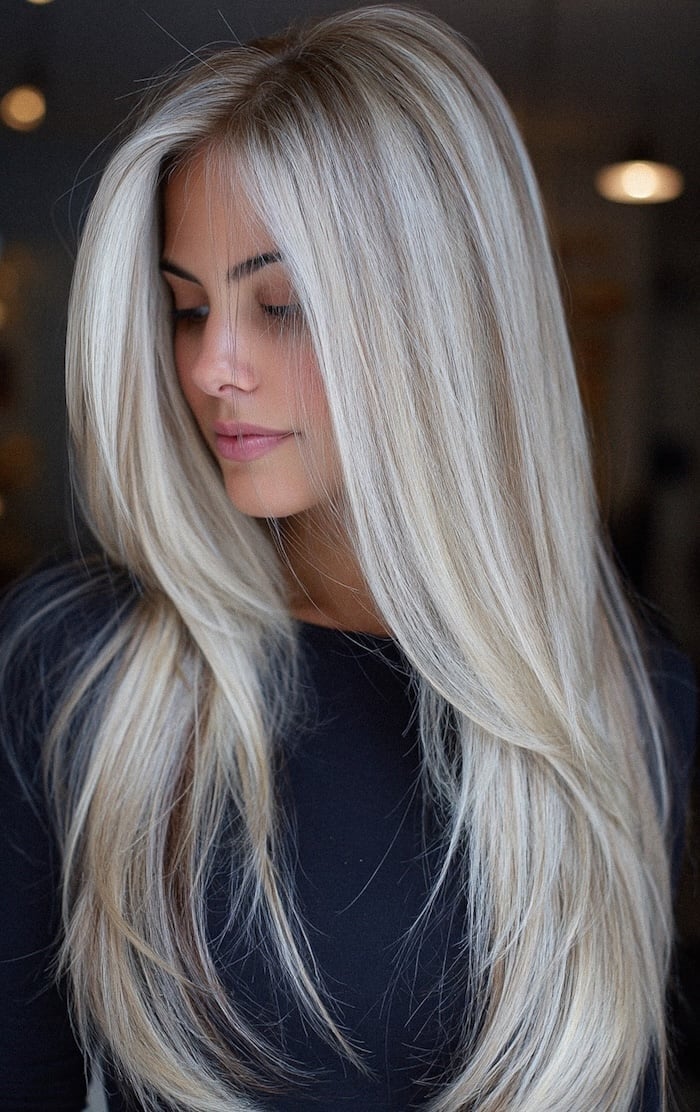 Sleek Mid-Back Cool Pearl Blonde Sleek Mid-Back Cool Pearl Blonde — Trendy Blonde Hairstyles