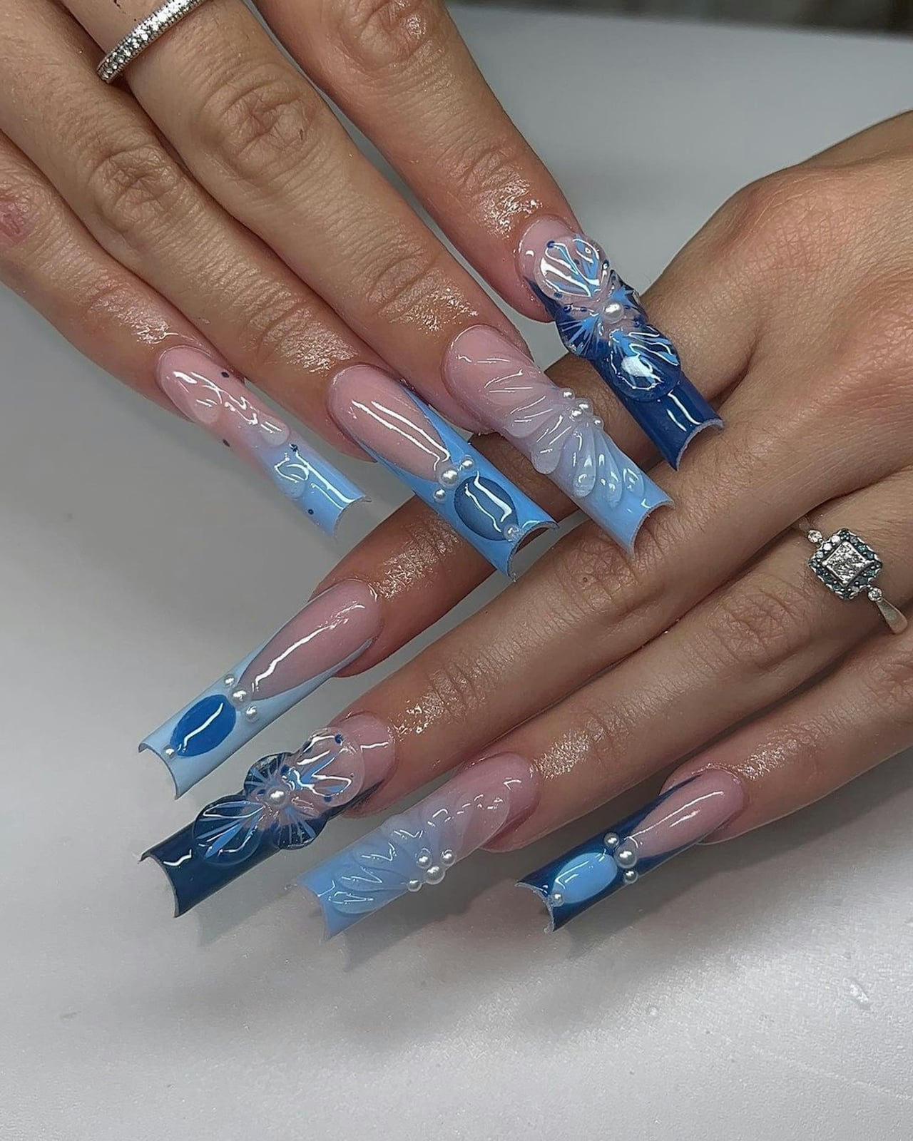 Long Coffin Gradient Blue Flower Pearl Nails Long Coffin Gradient Blue Flower Pearl Nails — Trendy Blue Acrylic Nails