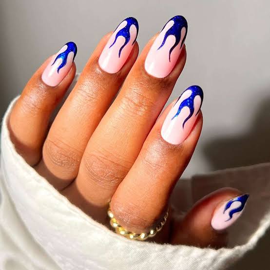 Medium Oval Sheer Pink Blue Flame Nails Medium Oval Sheer Pink Blue Flame Nails — Trendy Blue Acrylic Nails