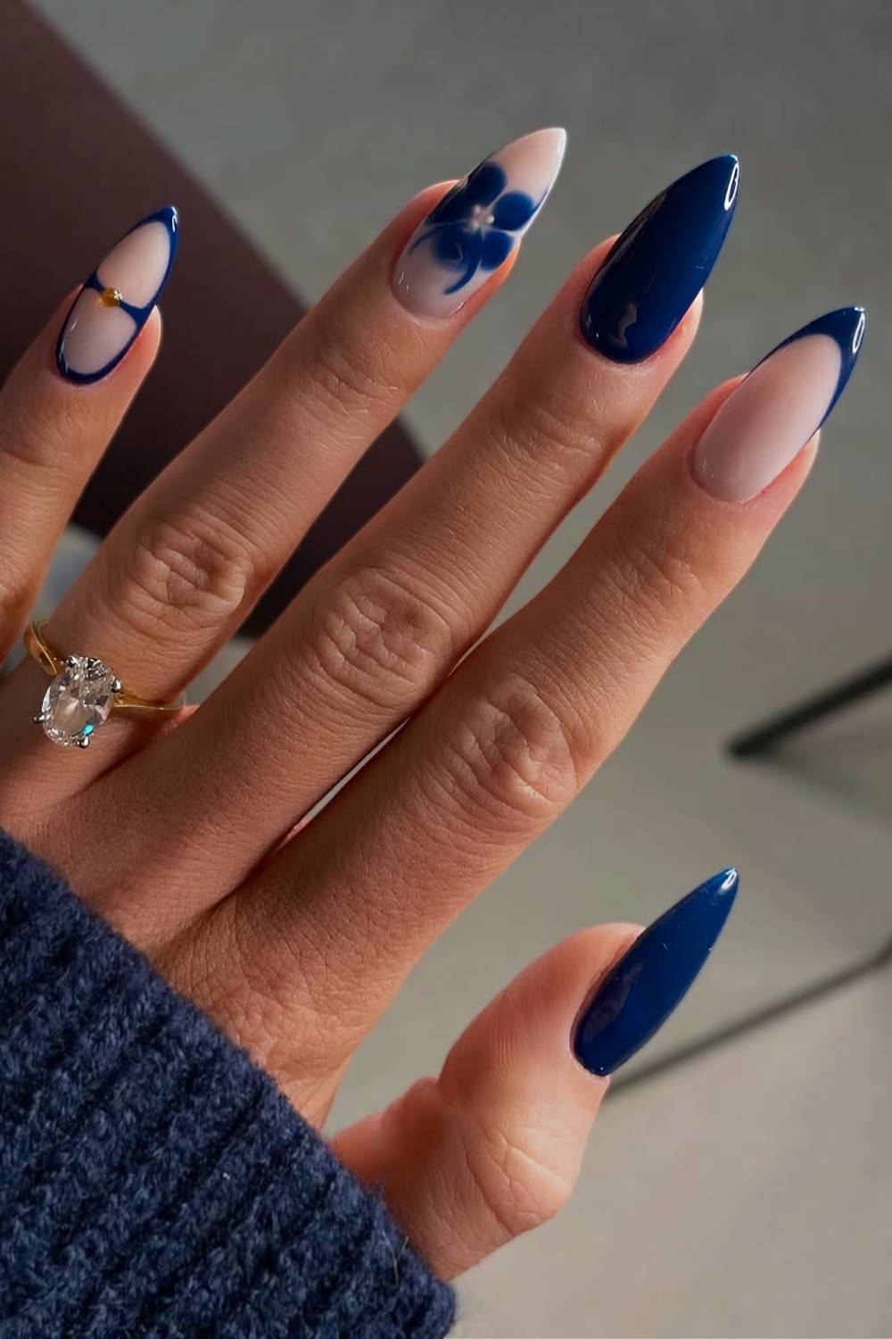 Long Almond Sheer Nude Navy French Tip Long Almond Sheer Nude Navy French Tip — Trendy Blue Acrylic Nails