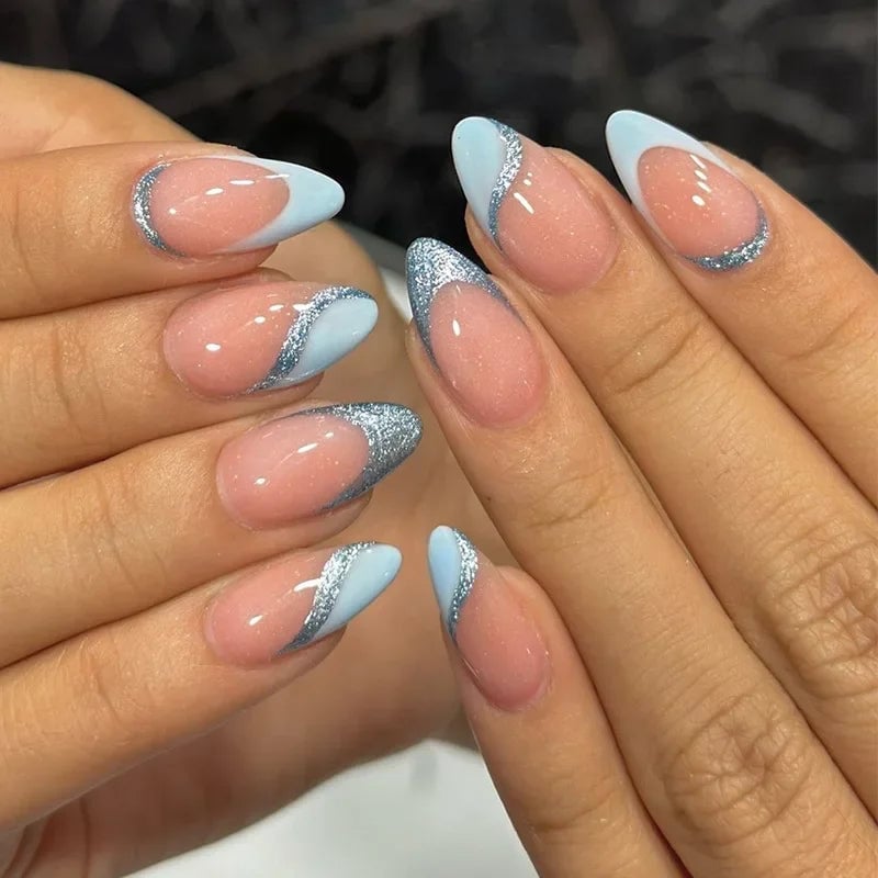 Medium Almond Sheer Nude Glitter French Tip, Glossy Medium Almond Sheer Nude Glitter French Tip, Glossy — Trendy Blue Acrylic Nails