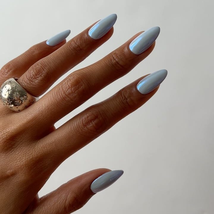 Short Almond Pale Blue Milky Chrome Nails Short Almond Pale Blue Milky Chrome Nails — Trendy Blue Acrylic Nails