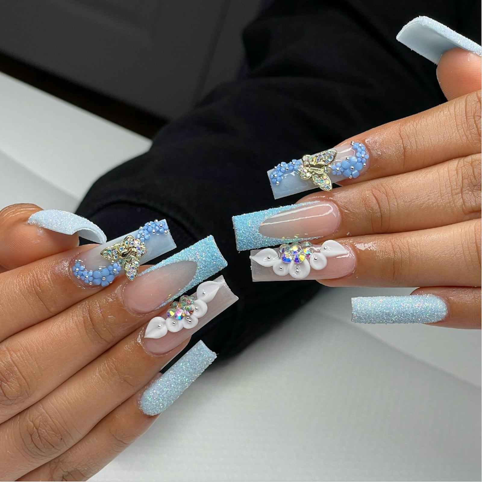 Long Square Pink Blue Glitter Rhinestone Nails Long Square Pink Blue Glitter Rhinestone Nails — Trendy Blue Acrylic Nails