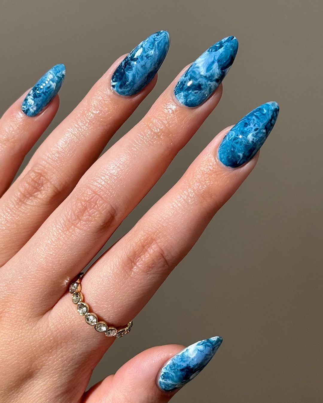 Long Almond Blue White Swirl Marble Nails Long Almond Blue White Swirl Marble Nails — Trendy Blue Acrylic Nails