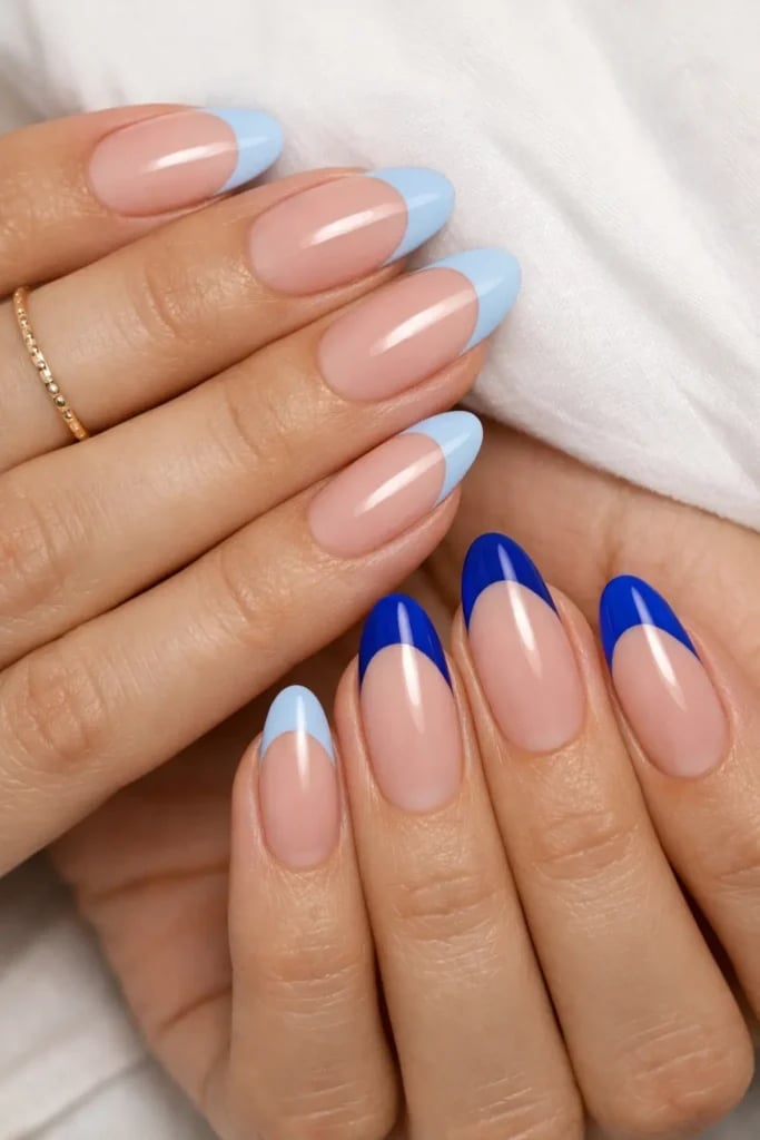 Sheer Nude Light Blue French Almond Nails Sheer Nude Light Blue French Almond Nails — Trendy Blue Almond Nails