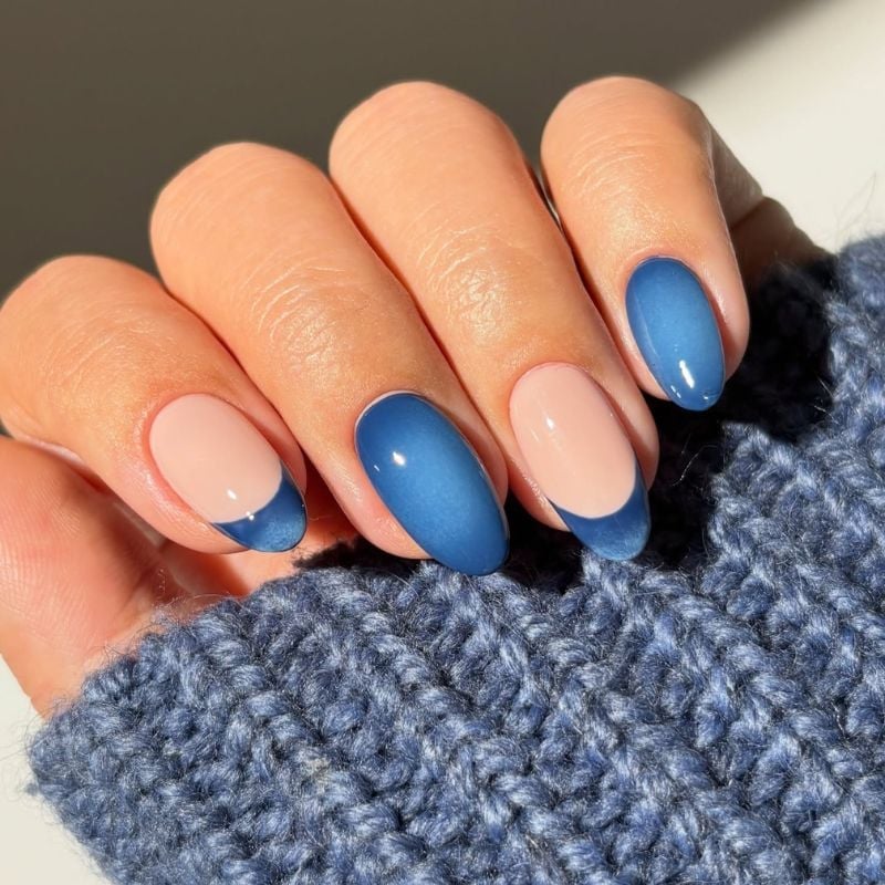 Nude Oval Blue French Line Nails Nude Oval Blue French Line Nails — Trendy Blue Almond Nails