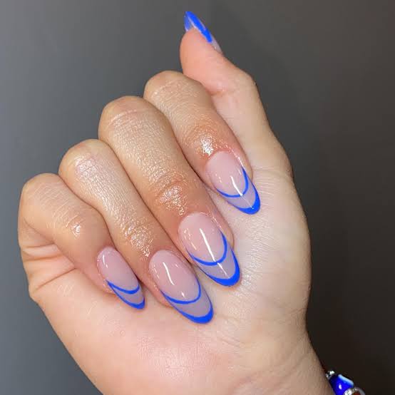 Nude Glossy Bright Blue French Almond Nails Nude Glossy Bright Blue French Almond Nails — Trendy Blue Almond Nails