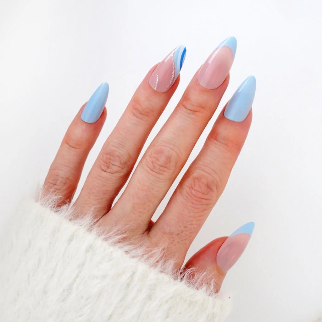 Light Blue Tip Silver Glitter Accent Almond Nails Light Blue Tip Silver Glitter Accent Almond Nails — Trendy Blue Almond Nails