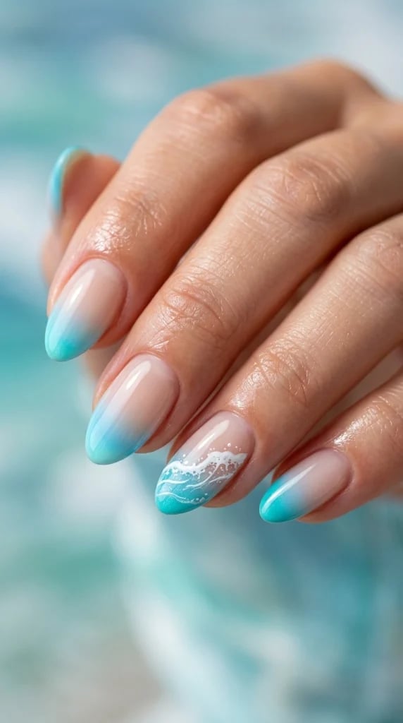 Turquoise to White Ombre Wave Art Almond Nails Turquoise to White Ombre Wave Art Almond Nails — Trendy Blue Almond Nails