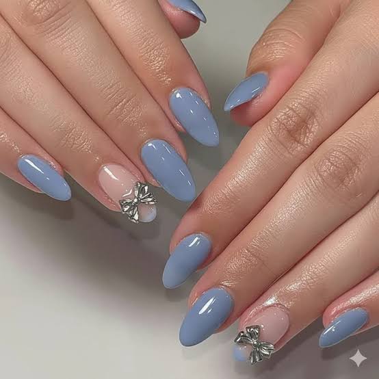Dusty Blue Nude Silver Bow Accent Almond Nails Dusty Blue Nude Silver Bow Accent Almond Nails — Trendy Blue Almond Nails