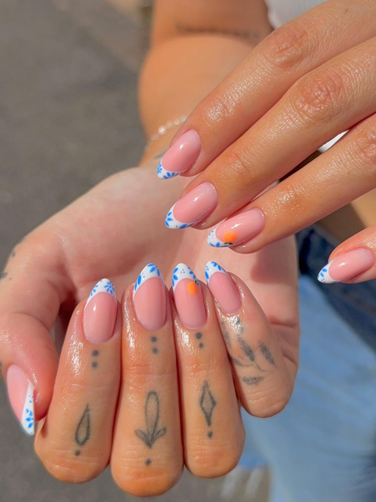 Short Almond Floral French Pattern Nails Short Almond Floral French Pattern Nails — Trendy Blue Almond Nails