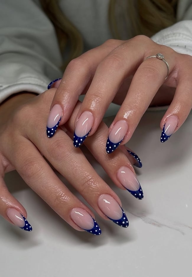 Long Almond Navy Polka Dot French Nails Long Almond Navy Polka Dot French Nails — Trendy Blue Almond Nails