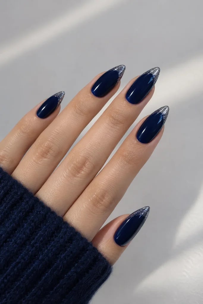 Long Sharp Almond Navy Silver Glitter Tip Nails Long Sharp Almond Navy Silver Glitter Tip Nails — Trendy Blue Almond Nails
