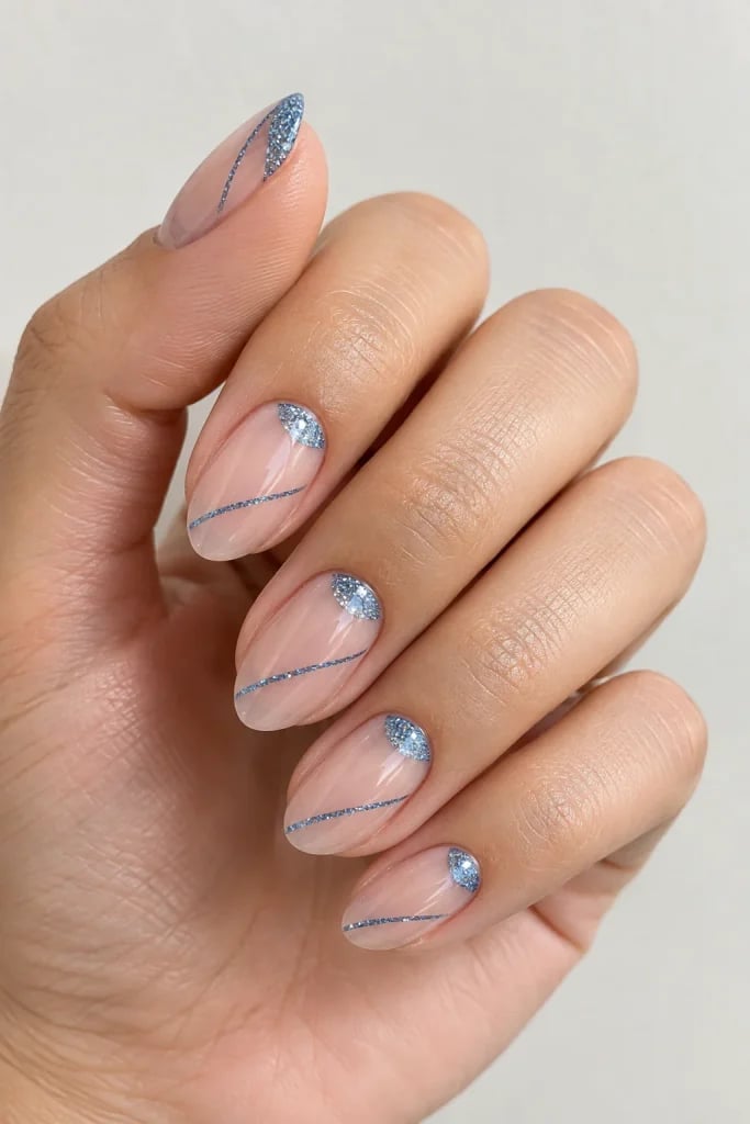Short Almond Glitter Line Crescent Base Nails Short Almond Glitter Line Crescent Base Nails — Trendy Blue Almond Nails