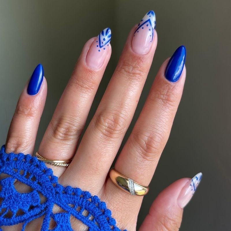 Royal Blue Geometric Line Art Almond Nails Royal Blue Geometric Line Art Almond Nails — Trendy Blue Almond Nails