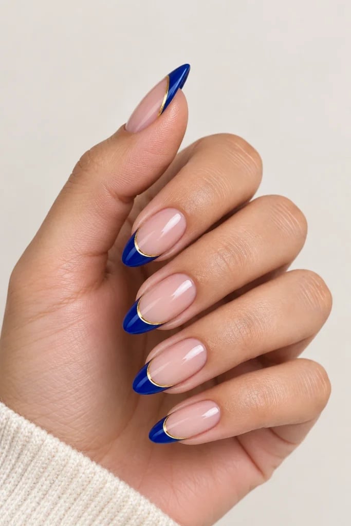 Royal Blue French Tip Gold Line Almond Nails Royal Blue French Tip Gold Line Almond Nails — Trendy Blue Almond Nails