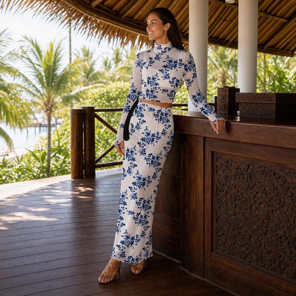 Floral Print Matching Set for Resort Wear Trendy Blue and White Outfits