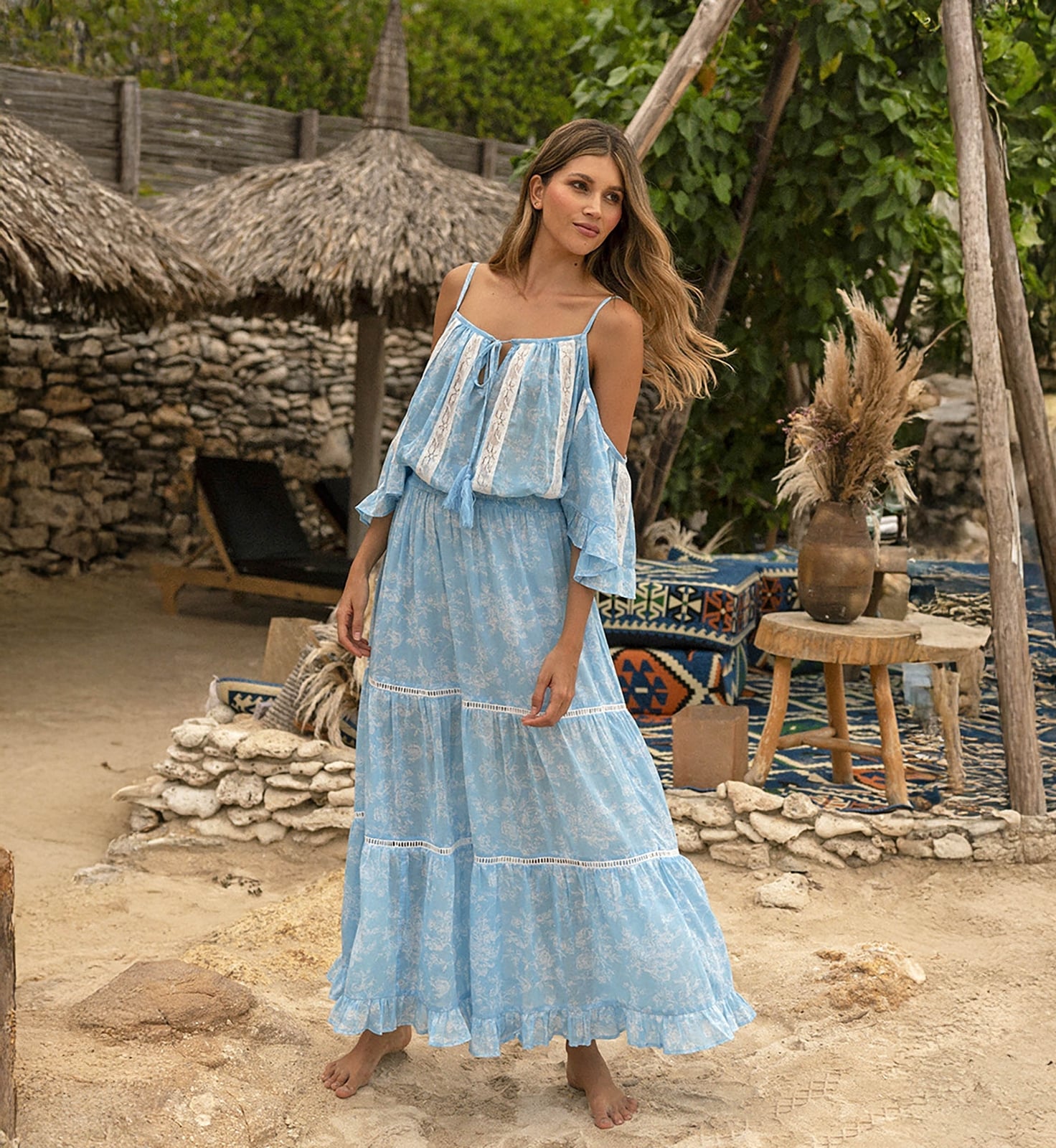 Off-Shoulder Tiered Maxi Dress for Beachwear Off-Shoulder Tiered Maxi Dress for Beachwear — Trendy Blue and White Outfits