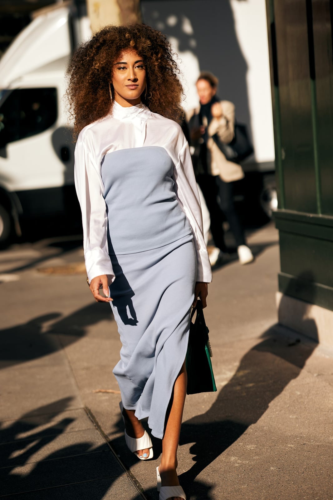 Layered Shirt Over Slip Dress for a Chic Look Layered Shirt Over Slip Dress for a Chic Look — Trendy Blue and White Outfits