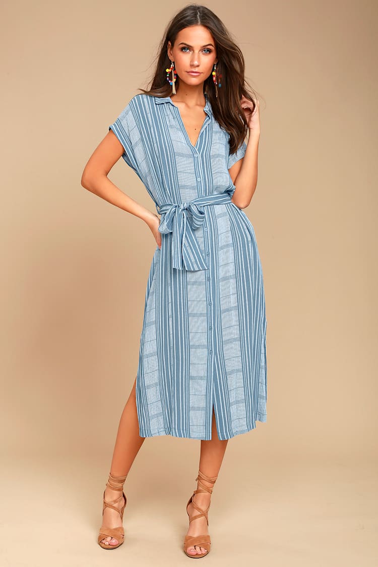 Striped Shirt Dress with Tie Belt and Statement Earrings Striped Shirt Dress with Tie Belt and Statement Earrings — Trendy Blue and White Outfits