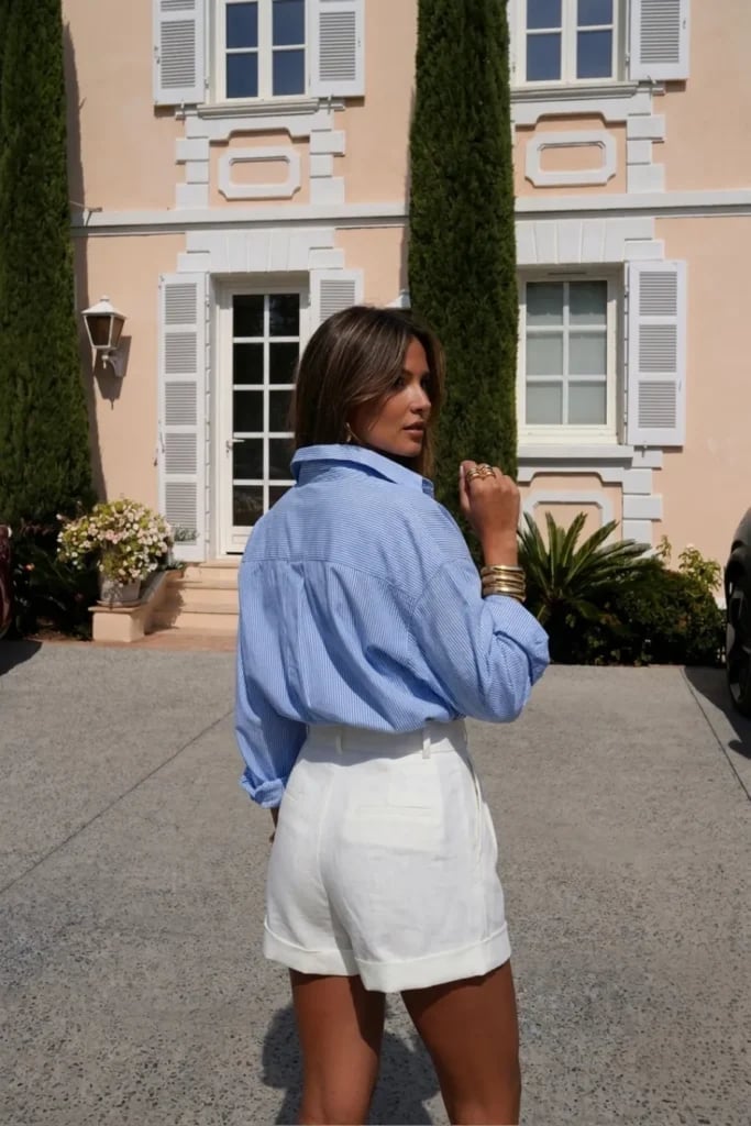 Oversized Striped Shirt with Tailored Shorts Oversized Striped Shirt with Tailored Shorts — Trendy Blue and White Outfits