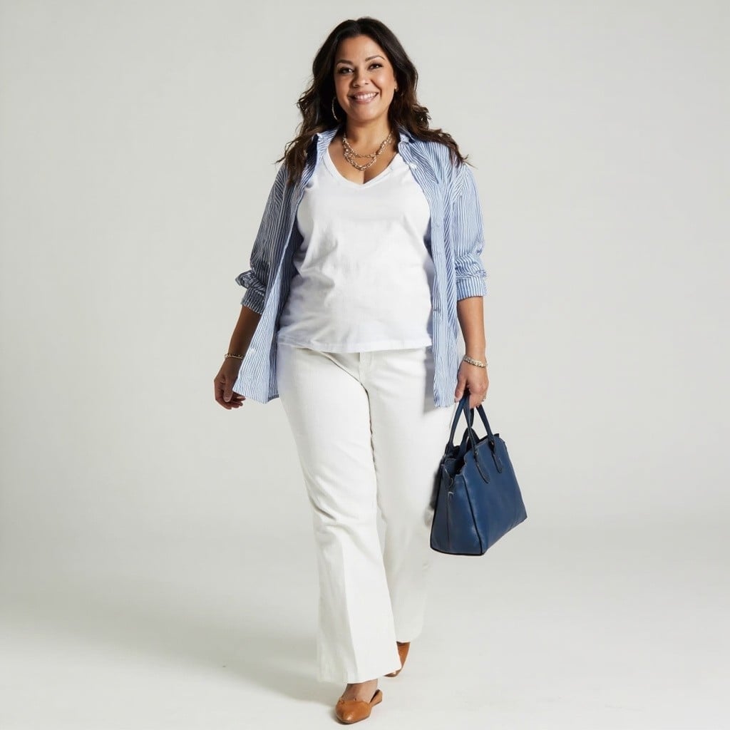 Layered Striped Shirt Over T-shirt with Wide-Leg Pants Layered Striped Shirt Over T-shirt with Wide-Leg Pants — Trendy Blue and White Outfits