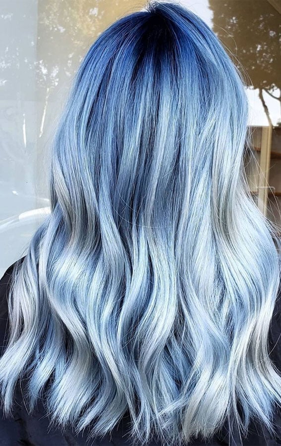 25 Trendy Grey & Silver Hair Colour Ideas for 2021 : Metallic Silver Blue Melt