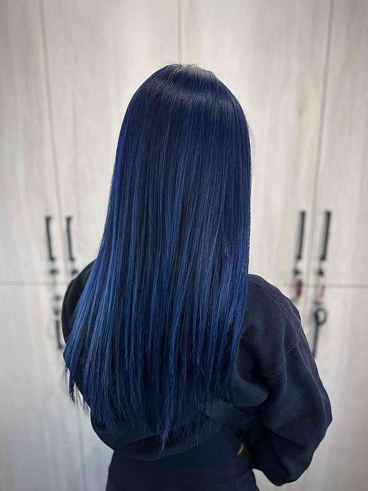 Mid-Back Dark Blue With Lighter Blue Highlights — Trendy Blue Hair Color